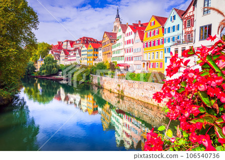 Tubingen, Germany. Colorful old town on the river Neckar, Bavaria land. 106540736
