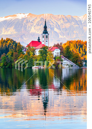 Bled, Slovenia - Julian Alps and Church Santa Maria, beautiful Europe. 106540745