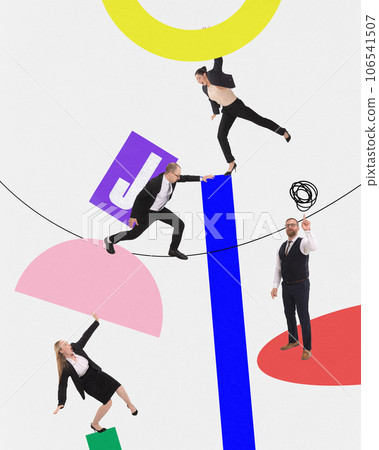 Contemporary art collage. Young successful business people in formal, casual suit working in team and build new project from geometric figures and letter J. Contemporary art collage. Young successful business people in formal, casual suit working in team and build new project from geometric figures and letter J. 106541507