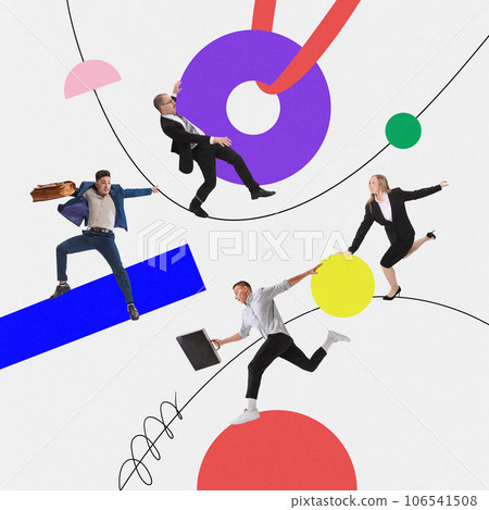 Contemporary art collage. Business people in formal, casual suit with bags hurry, late, running in drawn figures. Briefing late. Morning rush. Contemporary art collage. Business people in formal, casual suit with bags hurry, late, running in drawn figures. Briefing late. Morning rush. 106541508