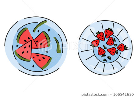 Plates with strawberries and watermelon top view Plates with strawberries and watermelon top view 106541650