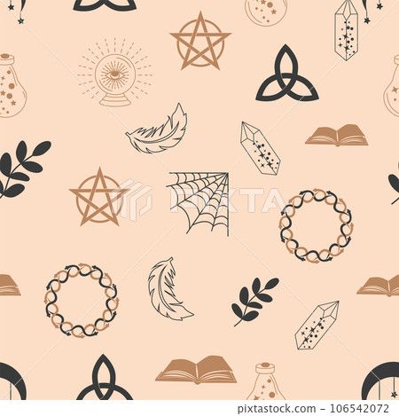 Magic and heaven seamless pattern, with magical elements such as snake, eye. Symbols and elements of the witchcraft theme. 106542072