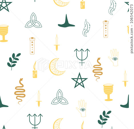 Magic and heaven seamless pattern, with magical elements such as snake, eye. Symbols and elements of the witchcraft theme. Magic and heaven seamless pattern, with magical elements such as snake, eye. Symbols and elements of the witchcraft theme. 106542073