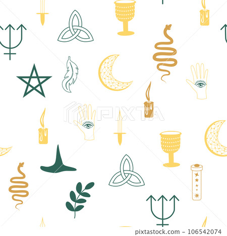 Magic and heaven seamless pattern, with magical elements such as snake, eye. Symbols and elements of the witchcraft theme. Magic and heaven seamless pattern, with magical elements such as snake, eye. Symbols and elements of the witchcraft theme. 106542074