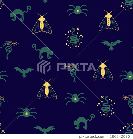 Magic and heaven seamless pattern, with magical elements such as snake, eye. Symbols and elements of the witchcraft theme. Magic and heaven seamless pattern, with magical elements such as snake, eye. Symbols and elements of the witchcraft theme. 106542080
