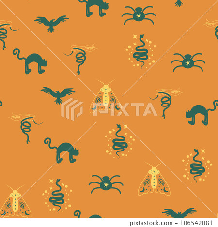Magic and heaven seamless pattern, with magical elements such as snake, eye. Symbols and elements of the witchcraft theme. 106542081