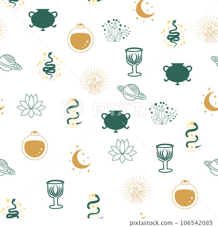 Magic and heaven seamless pattern, with magical elements such as snake, eye. Symbols and elements of the witchcraft theme. Magic and heaven seamless pattern, with magical elements such as snake, eye. Symbols and elements of the witchcraft theme. 106542085