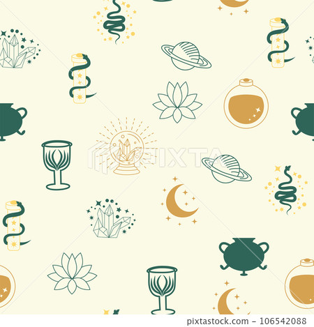 Magic and heaven seamless pattern, with magical elements such as snake, eye. Symbols and elements of the witchcraft theme. 106542088