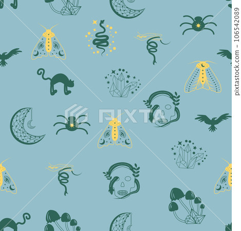 Magic and heaven seamless pattern, with magical elements such as snake, eye. Symbols and elements of the witchcraft theme. 106542089