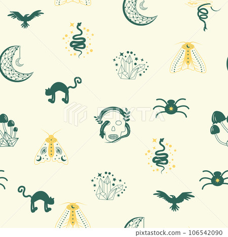 Magic and heaven seamless pattern, with magical elements such as snake, eye. Symbols and elements of the witchcraft theme. Magic and heaven seamless pattern, with magical elements such as snake, eye. Symbols and elements of the witchcraft theme. 106542090