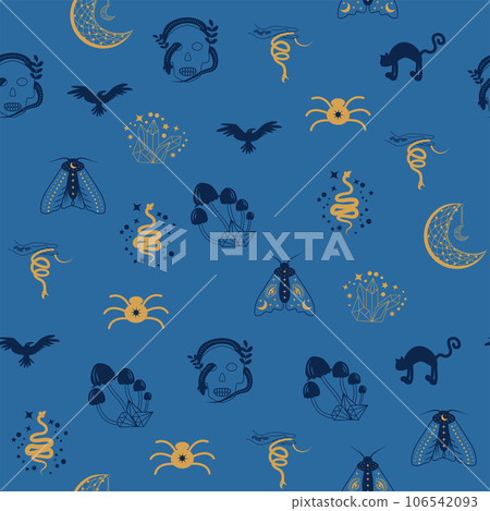 Magic and heaven seamless pattern, with magical elements such as snake, eye. Symbols and elements of the witchcraft theme. Magic and heaven seamless pattern, with magical elements such as snake, eye. Symbols and elements of the witchcraft theme. 106542093