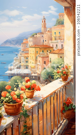 Oil painting style illustration of a stylish seaside town Generative AI 106542211