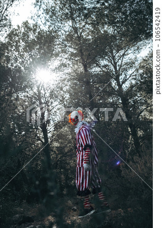 mad evil redhead clown walks by the woods mad evil redhead clown walks by the woods 106542419