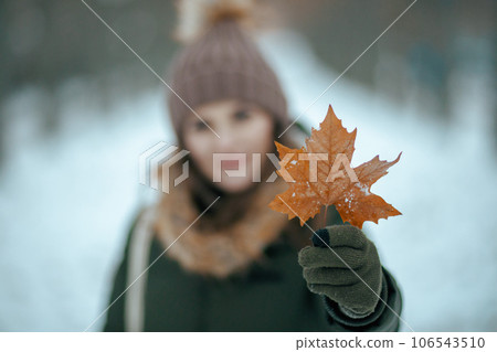 Closeup on modern female outdoors in city park in winter Closeup on modern female outdoors in city park in winter 106543510