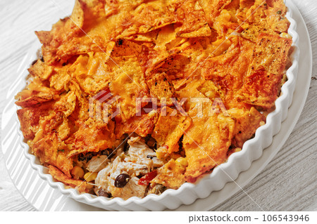 Frito chicken casserole in baking dish, top view 106543946