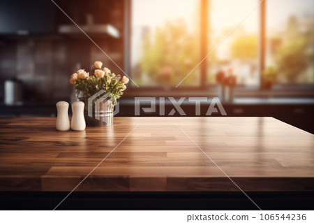 Minimalist Still Life of Kitchen Utensils on Dark Brown Wooden Table 106544236