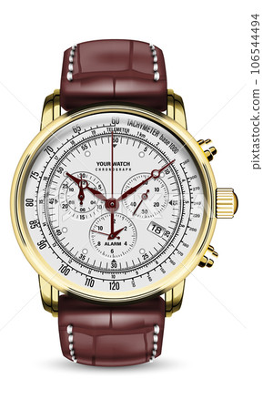 Realistic watch clock chronograph white face gold red brown leather strap on white design classic luxury vector Realistic watch clock chronograph white face gold red brown leather strap on white design classic luxury vector 106544494