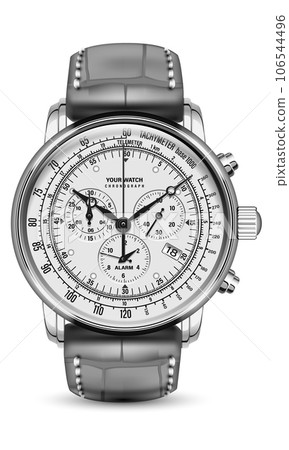 Realistic watch clock chronograph face silver dark grey leather strap on white design classic luxury vector 106544496