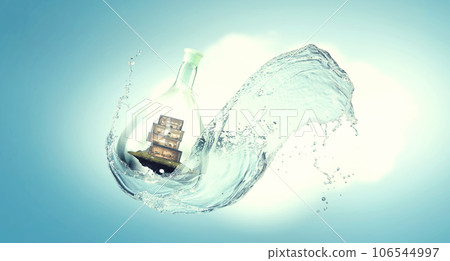 House inside a floating glass bottle 106544997