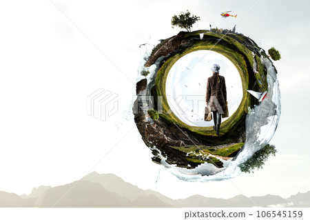 Housewife with shopping bags walking green landscape Housewife with shopping bags walking green landscape 106545159