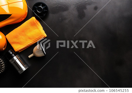 Top view of cleaning supplies and tools for car detailing Top view of cleaning supplies and tools for car detailing 106545255