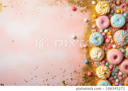Table full of sweet pastries and treats. Ideal as a background for a bakery 106545271