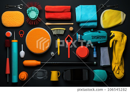 Top view of cleaning supplies and tools for car detailing Top view of cleaning supplies and tools for car detailing 106545282