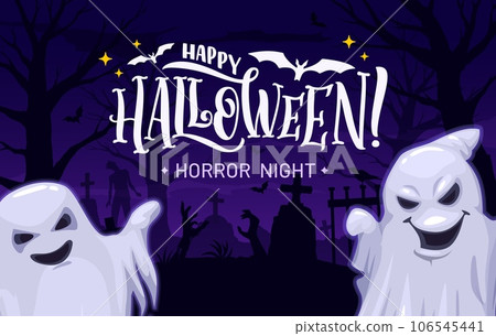 Cartoon Halloween ghosts on midnight cemetery landscape, horror night holiday vector poster. Happy Halloween and trick or treat party celebration with spooky ghosts, dead skeletons and zombie in grave 106545441