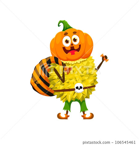 Cartoon funny Halloween fruit durian in pumpkin costume, holiday vector character. Durian fruit in spooky pumpkin mask with sack bag of candy sweets for trick or treat party of Halloween horror night 106545461