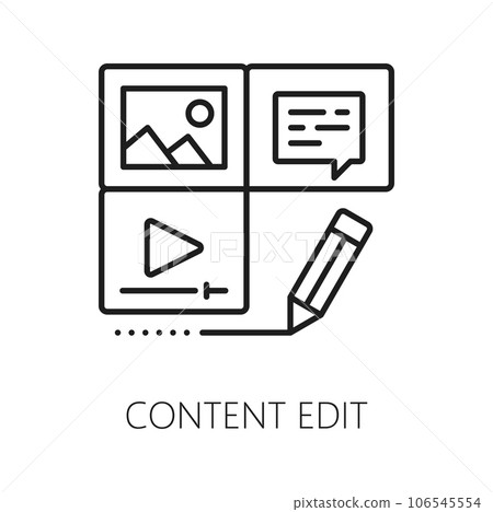 Content edit, CMS content management system icon, digital media online editor tools, vector line symbol. CMS digital media content network pictogram of photo, video and publication content edition 106545554