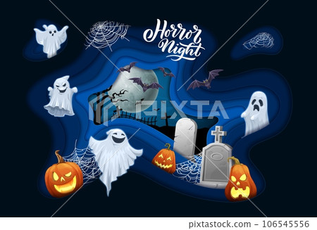 Halloween paper cut banner, cartoon flying ghosts and bats, tombstones and midnight cemetery. Vector 3d effect papercut wavy frame with funny spooks, stone crosses, jack lantern pumpkins and spiderweb 106545556