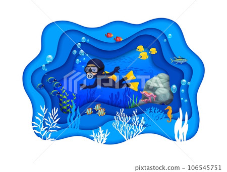 Young diver on cartoon tropical sea paper cut landscape exploring the underwater world, surrounded by colorful fish shoals and coral reefs. 3d vector papercut art for diving activity and recreation 106545751