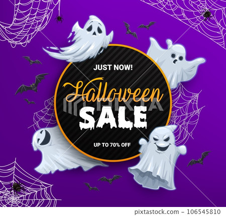 Halloween sale banner, cartoon scary ghosts and spiders on cobweb. Vector promo background for autumn holiday discount offer. Advertisement card with funny spirits, flying bats and spiderwebs Halloween sale banner, cartoon scary ghosts and spiders on cobweb. Vector promo background for autumn holiday discount offer. Advertisement card with funny spirits, flying bats and spiderwebs 106545810