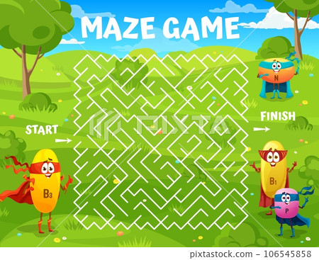 Labyrinth maze game, help to cartoon superhero vitamin character to find his friends. Vector puzzle quiz worksheet with cute personages of vitamins and food supplements wearing hero capes and masks 106545858