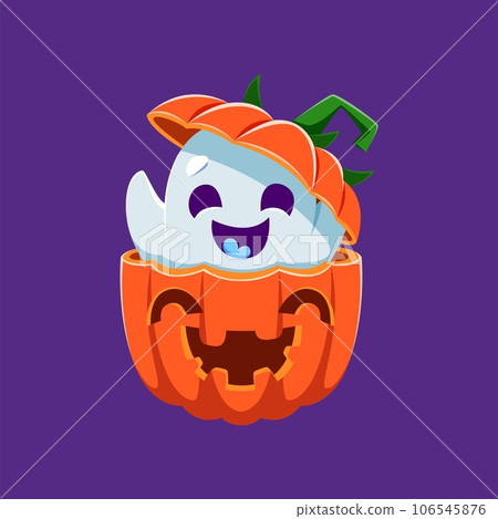 Cartoon cute kawaii Halloween ghost monster character playfully emerges from grinning pumpkin jack-o-lantern. Funny sweet vector spirit smile and waving hand charmingly capturing the spirit of holiday Cartoon cute kawaii Halloween ghost monster character playfully emerges from grinning pumpkin jack-o-lantern. Funny sweet vector spirit smile and waving hand charmingly capturing the spirit of holiday 106545876