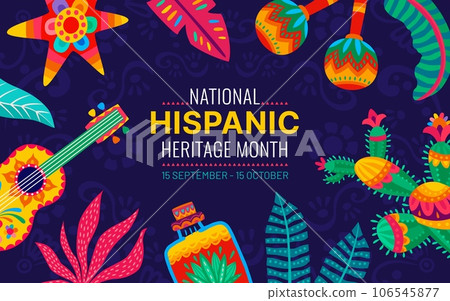 National Hispanic heritage month festival flyer with cactus, guitar, maracas, pinata and tropical flowers, vector background. Hispanic Americans culture, tradition or art and ethnic music heritage National Hispanic heritage month festival flyer with cactus, guitar, maracas, pinata and tropical flowers, vector background. Hispanic Americans culture, tradition or art and ethnic music heritage 106545877