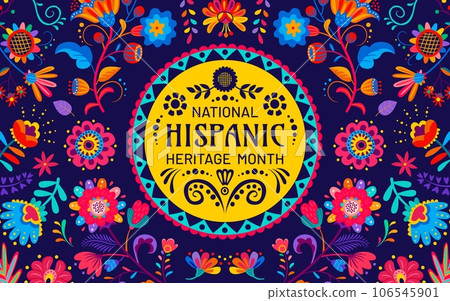 National Hispanic heritage month festival banner with tropical flowers pattern, vector ethnic floral ornament. Hispanic Americans culture, tradition and art heritage background for Latin folk festival National Hispanic heritage month festival banner with tropical flowers pattern, vector ethnic floral ornament. Hispanic Americans culture, tradition and art heritage background for Latin folk festival 106545901