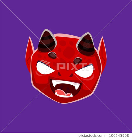 Cartoon Halloween devil emoji character. Playful imp face emoticon with mischievous grin, red skin, fangs, horns, and fiery eyes. Isolated vector devilish, and spooky personage for messages and chats 106545908