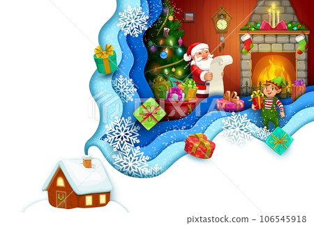 Christmas paper cut fireplace interior and santa with wish list. Vector 3d layered frame, xmas celebration with funny Father Noel and helper characters inside of smoke shaped border reading letter 106545918