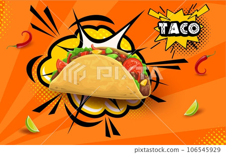Tex Mex Mexican taco on retro halftone bubbles background, Mexico food vector background. Mexican cuisine fast food or restaurant menu poster with taco on halftone cloud boom, chili pepper and lemon 106545929