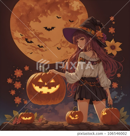 Woman wearing witch hat with spooky pumpkin, Halloween concept. Woman wearing witch hat with spooky pumpkin, Halloween concept. 106546002