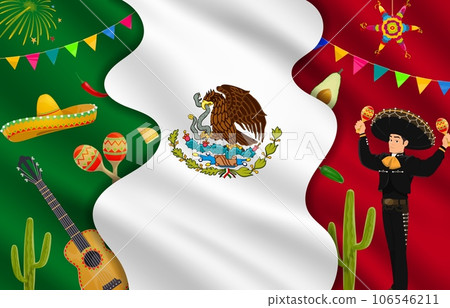 Mexican flag paper cut banner with national characters, Tex Mex food and musical instruments, vector background. Mexican holiday and fiesta party banner with man in sombrero with guitar and maracas Mexican flag paper cut banner with national characters, Tex Mex food and musical instruments, vector background. Mexican holiday and fiesta party banner with man in sombrero with guitar and maracas 106546211