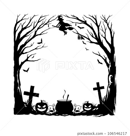 Halloween holiday black frame with cemetery, pumpkins, cauldron, witch flying on broomstick, bats and creepy trees silhouettes. Vector square border with Hallowmas holiday decor and spooky characters 106546217