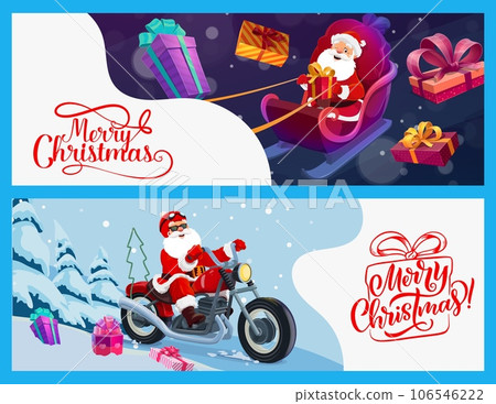 Christmas banner with cartoon Santa on bike and sleigh. Christmas or New Year holiday 3d backdrop or vector wallpaper. Winter holiday paper cut background with funny Santa character delivering gifts Christmas banner with cartoon Santa on bike and sleigh. Christmas or New Year holiday 3d backdrop or vector wallpaper. Winter holiday paper cut background with funny Santa character delivering gifts 106546222