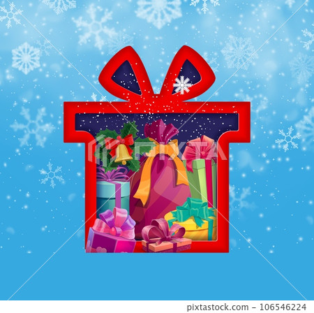 Christmas paper cut banner with present box and snowflakes background. Xmas festive, Christmas celebration paper cut vector greeting card or background with holiday gifts, poinsettia flower and bell Christmas paper cut banner with present box and snowflakes background. Xmas festive, Christmas celebration paper cut vector greeting card or background with holiday gifts, poinsettia flower and bell 106546224