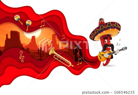 Paper cut banner with Mexican mariachi pepper and desert landscape, vector background, vector background. Mexican holiday and fiesta party banner with chili pepper in sombrero with guitar and maracas Paper cut banner with Mexican mariachi pepper and desert landscape, vector background, vector background. Mexican holiday and fiesta party banner with chili pepper in sombrero with guitar and maracas 106546235