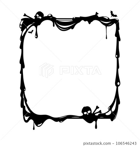 Halloween holiday black frame adorned with skulls, bats, and gooey details, capturing the spooky essence of the holiday. Isolated vector square border with haunting decor for displaying eerie memories 106546243