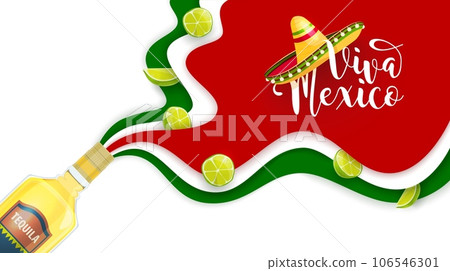 Viva Mexico paper cut banner with Mexican sombrero, tequila and limes on Mexico flag, vector background. Mexican holiday or national day celebration and fiesta party poster in papercut layers Viva Mexico paper cut banner with Mexican sombrero, tequila and limes on Mexico flag, vector background. Mexican holiday or national day celebration and fiesta party poster in papercut layers 106546301