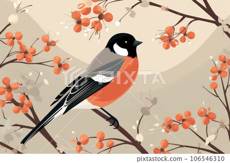 Bird Bullfinch sits on a rowan branch 106546310