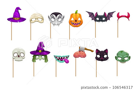 Cartoon halloween photo booth masks and props. Isolated vector set of witch hat and face, vampire, mummy and pumpkin. Bat, devil horns, skull and monster lips. Brain with axe, cat head and zombie 106546317